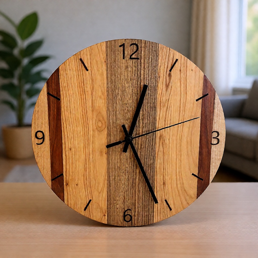 Wanduhr aus Nuss, Kirsche, Zwetschke und Buche